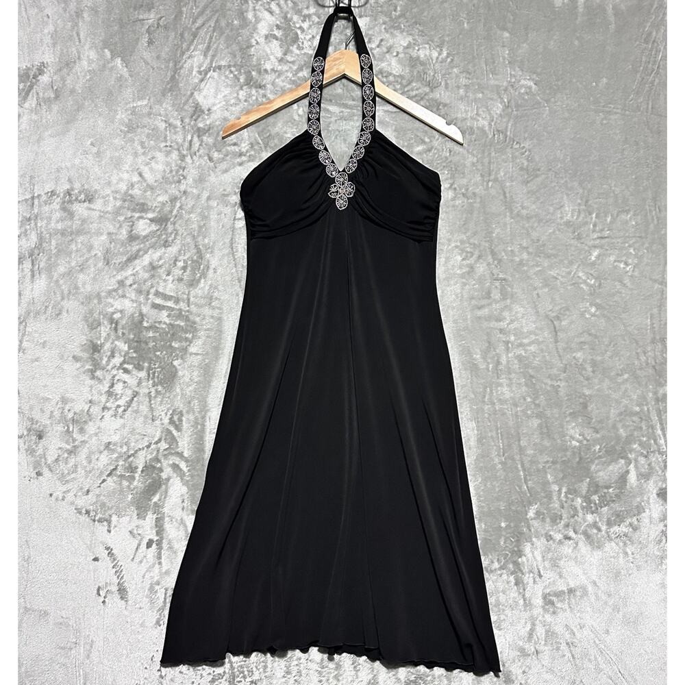 Y2K Beaded Halter Babydoll‎ Knee Length Dress Womens M/L Black Ruffle Hem Slinky